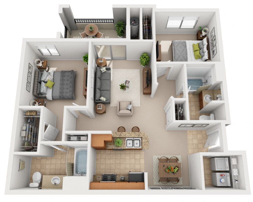 Red Rock floor plan 3D 2 bed - 2 bath 994 sq. ft.